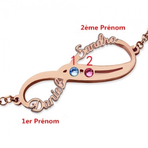 Bracelet Infini-2 Prénoms et Pierres de Naissance-Plaqué Or Rose